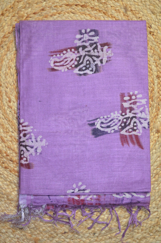 Lavender Block Print Linen Handloom Saree