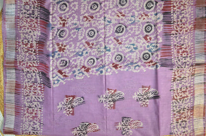 Lavender Block Print Linen Handloom Saree