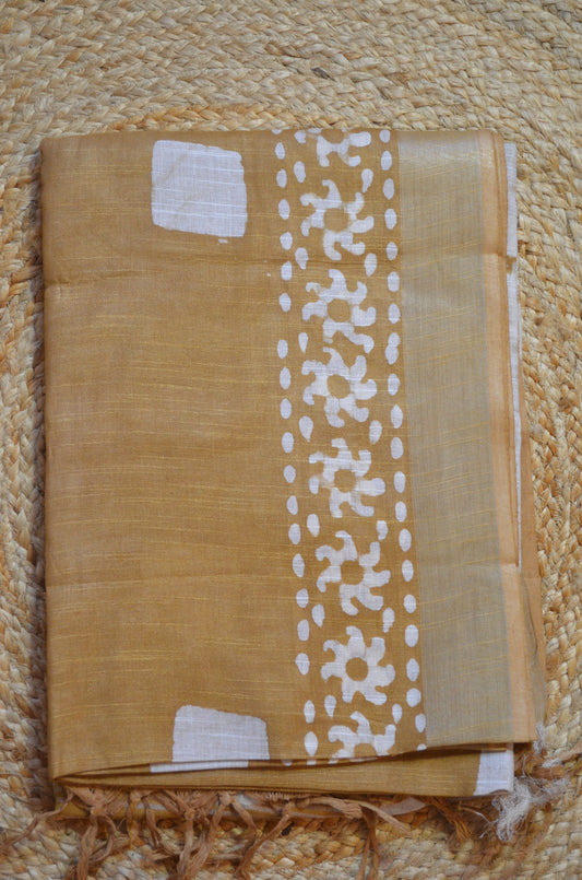 Dark Beige Bagru Linen Handloom Saree