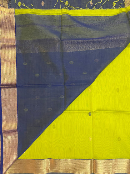 Lime Maheshwari Pure Silk Handloom Saree with Metal Zari