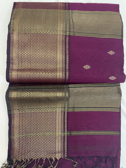 Grape Wine Maheshwari Pure Silk Handloom Saree with Metal Zari
