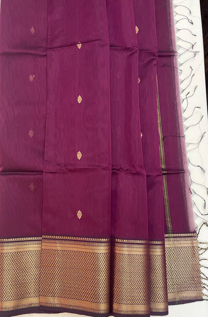 Grape Wine Maheshwari Pure Silk Handloom Saree with Metal Zari