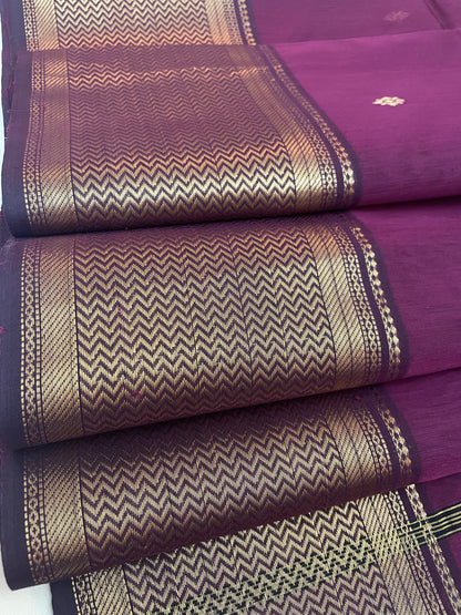 Grape Wine Maheshwari Pure Silk Handloom Saree with Metal Zari