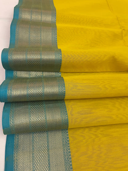 Sunflower Yellow Maheshwari Pure Silk Handloom Saree with Metal Zari