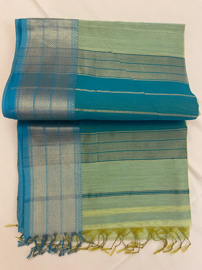 Light Pista Maheshwari Pure Silk Handloom Saree with Metal Zari