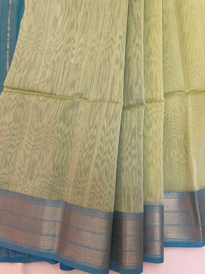 Light Pista Maheshwari Pure Silk Handloom Saree with Metal Zari