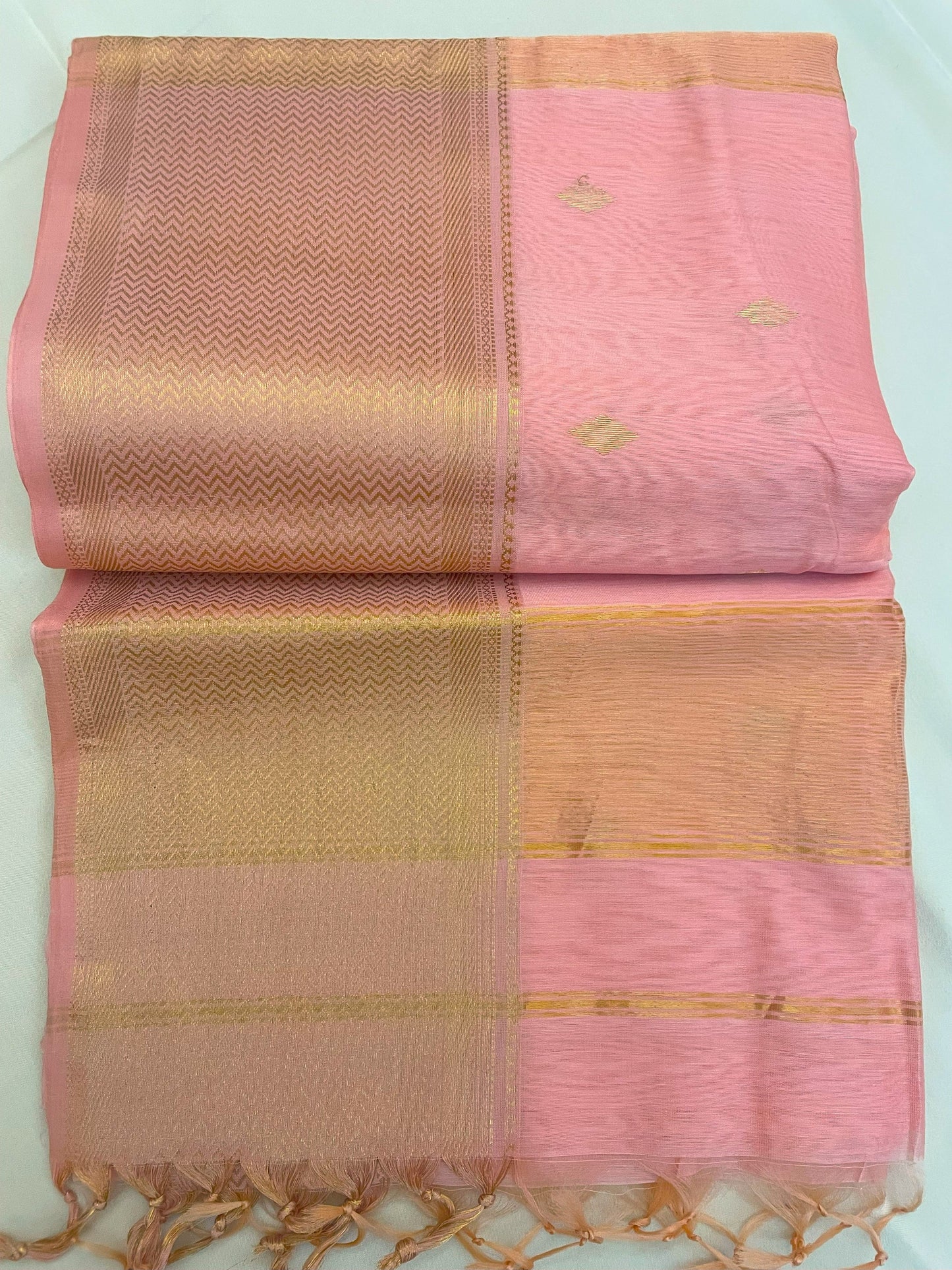 Rose Pink Maheshwari Pure Silk Handloom Saree with Metal Zari