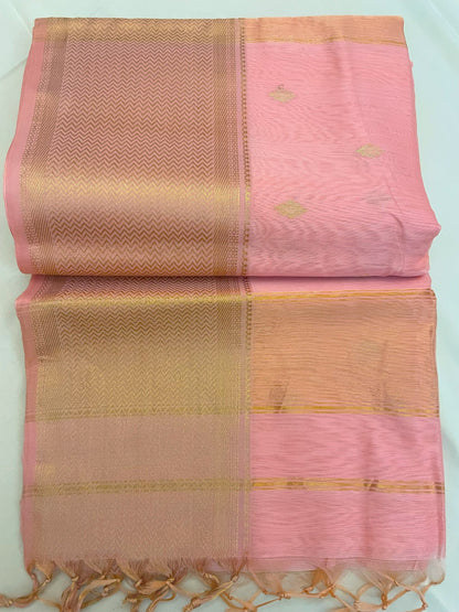 Rose Pink Maheshwari Pure Silk Handloom Saree with Metal Zari