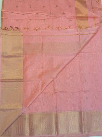 Rose Pink Maheshwari Pure Silk Handloom Saree with Metal Zari
