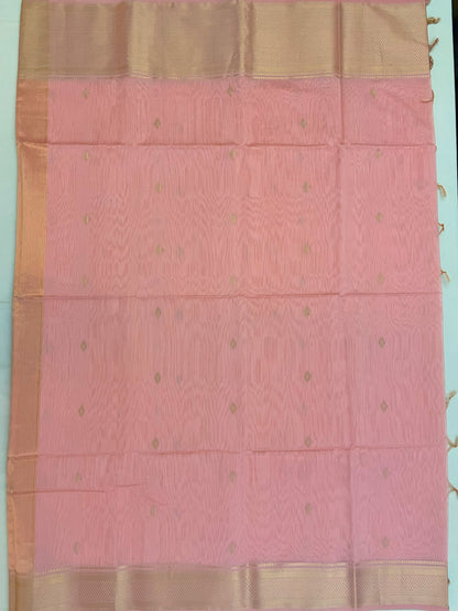Rose Pink Maheshwari Pure Silk Handloom Saree with Metal Zari