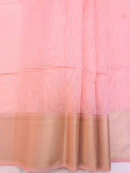 Rose Pink Maheshwari Pure Silk Handloom Saree with Metal Zari