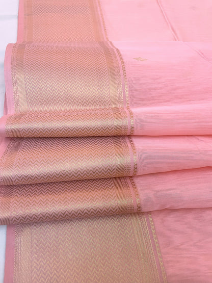 Rose Pink Maheshwari Pure Silk Handloom Saree with Metal Zari
