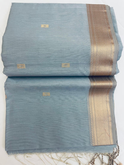 Grey Maheshwari Pure Silk Handloom Saree with Metal Zari