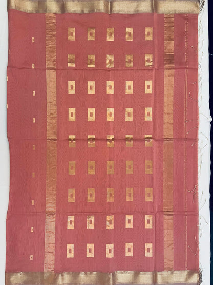 Peach Maheshwari Pure Silk Handloom Saree with Metal Zari