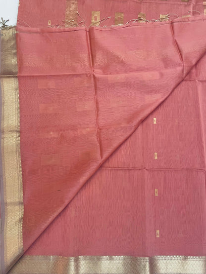 Peach Maheshwari Pure Silk Handloom Saree with Metal Zari