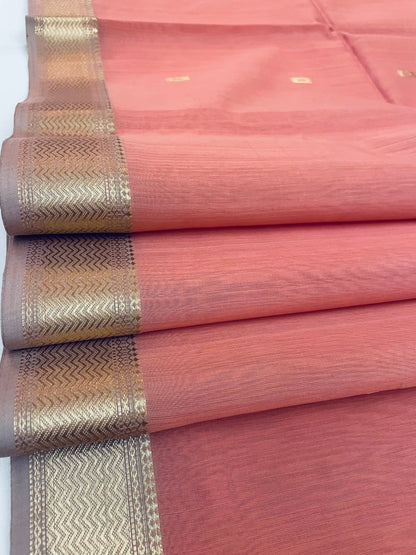 Peach Maheshwari Pure Silk Handloom Saree with Metal Zari