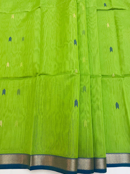 Lemon Green Maheshwari Pure Silk Handloom Saree with Metal Zari