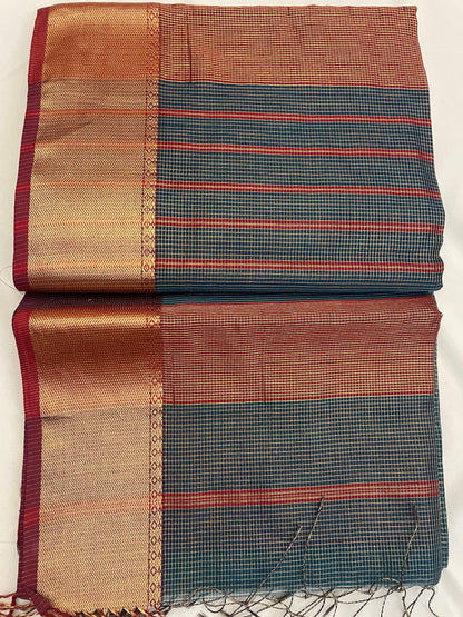 Bottle Green Maheshwari Pure Silk Handloom Saree with Metal Zari Checks