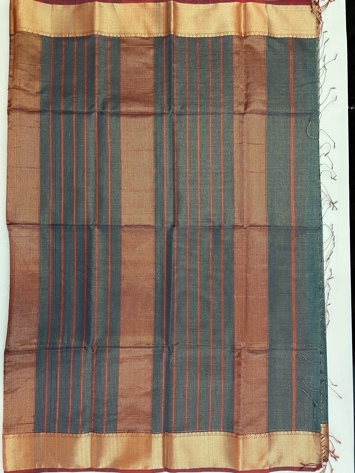 Bottle Green Maheshwari Pure Silk Handloom Saree with Metal Zari Checks