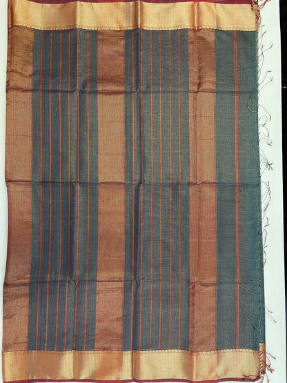 Bottle Green Maheshwari Pure Silk Handloom Saree with Metal Zari Checks