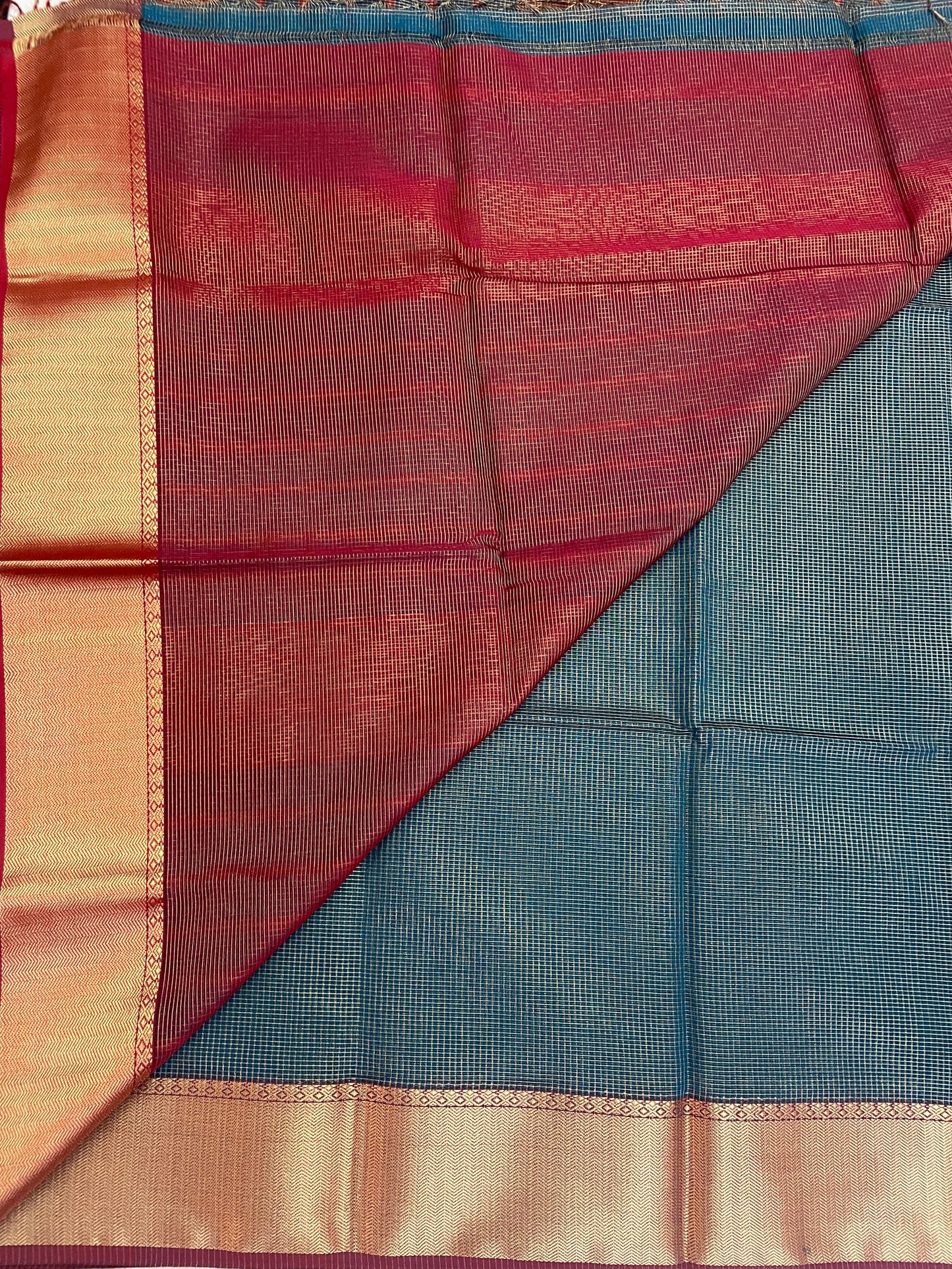 Bottle Green Maheshwari Pure Silk Handloom Saree with Metal Zari Checks