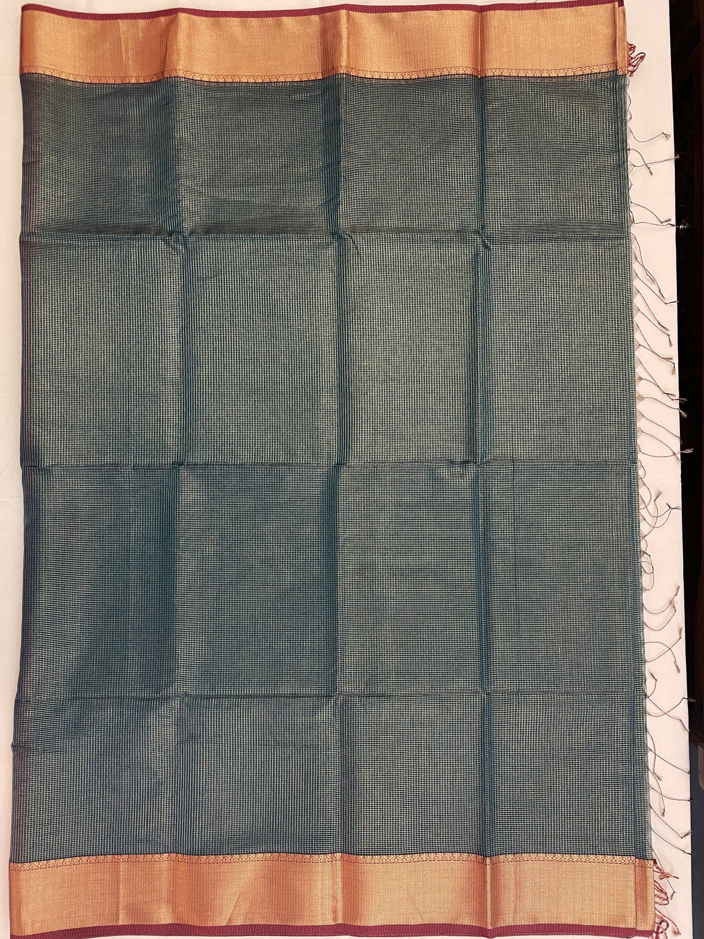 Bottle Green Maheshwari Pure Silk Handloom Saree with Metal Zari Checks