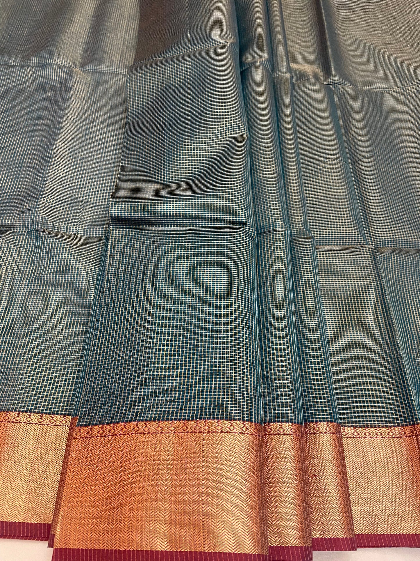 Bottle Green Maheshwari Pure Silk Handloom Saree with Metal Zari Checks