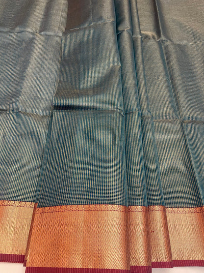 Bottle Green Maheshwari Pure Silk Handloom Saree with Metal Zari Checks