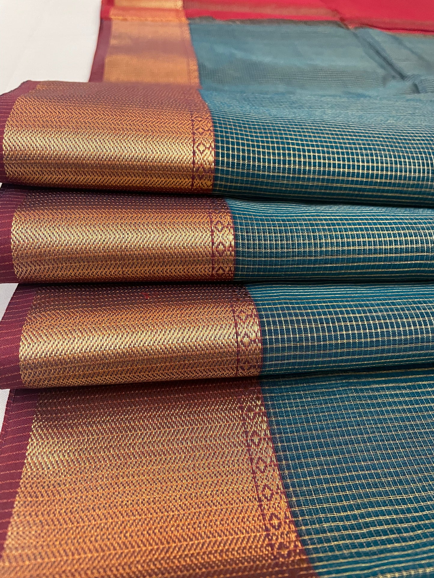 Bottle Green Maheshwari Pure Silk Handloom Saree with Metal Zari Checks
