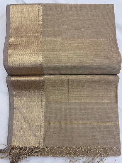 Beige Maheshwari Pure Silk Handloom Saree with Metal Zari Checks