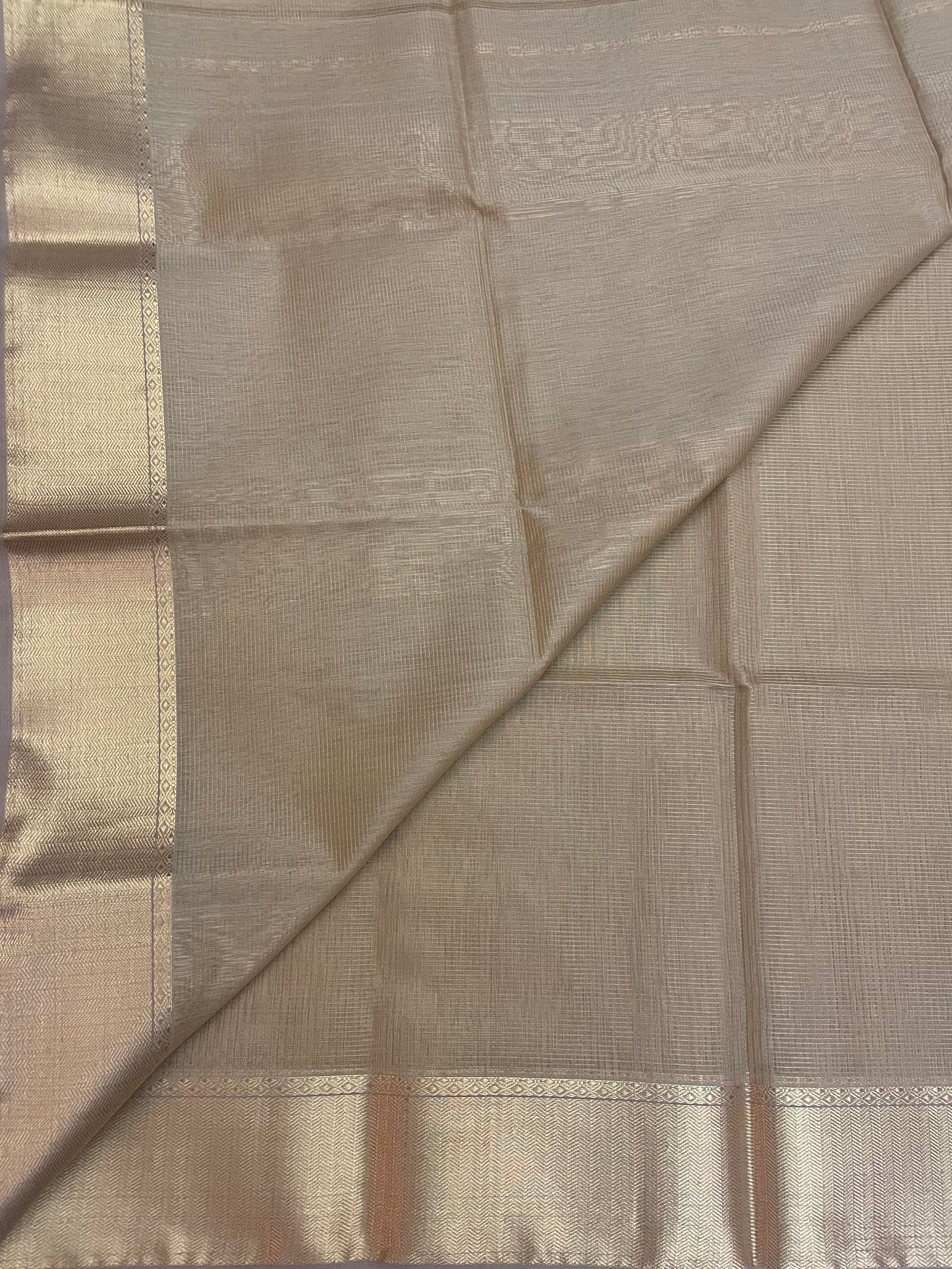 Beige Maheshwari Pure Silk Handloom Saree with Metal Zari Checks
