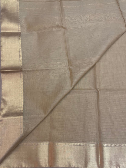 Beige Maheshwari Pure Silk Handloom Saree with Metal Zari Checks