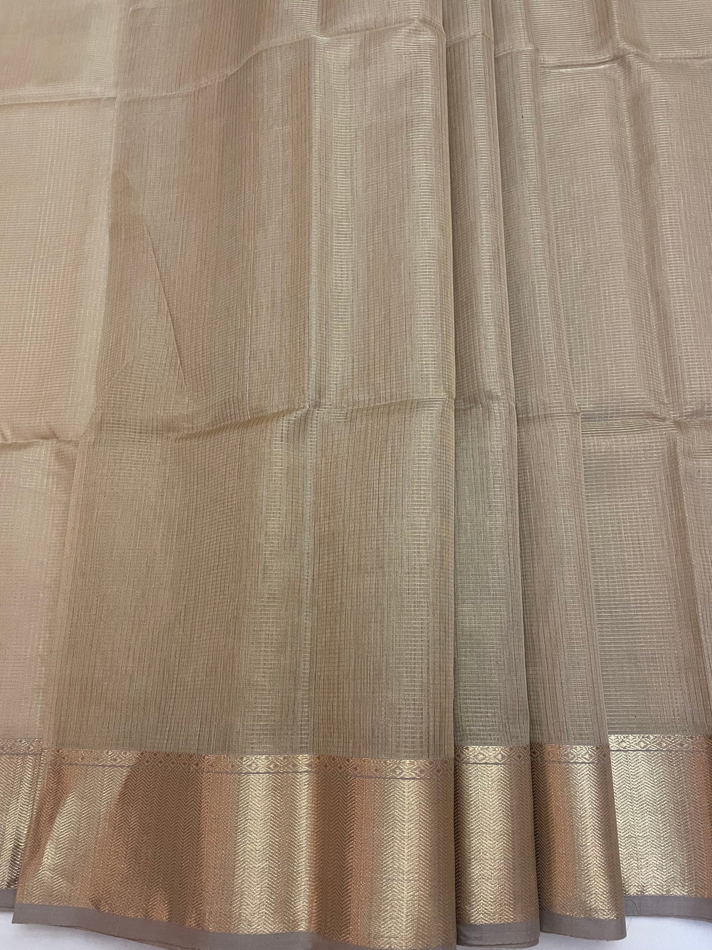 Beige Maheshwari Pure Silk Handloom Saree with Metal Zari Checks