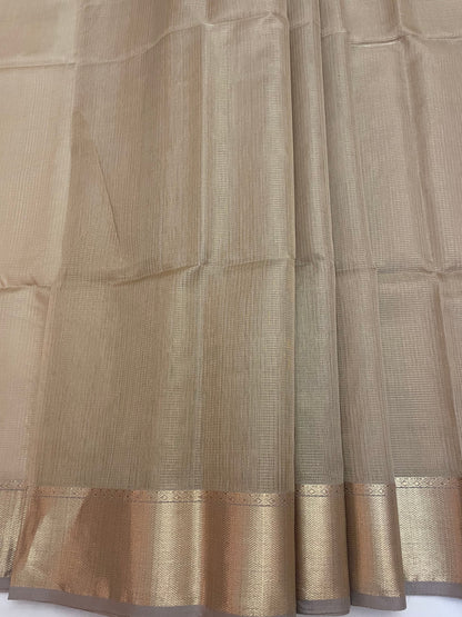 Beige Maheshwari Pure Silk Handloom Saree with Metal Zari Checks