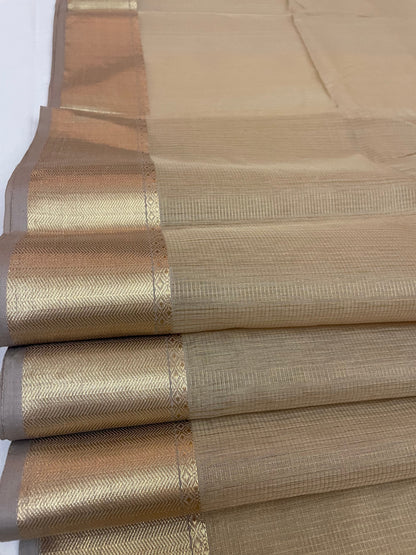 Beige Maheshwari Pure Silk Handloom Saree with Metal Zari Checks
