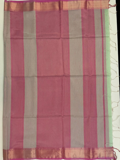 Light Pista Green Maheshwari Pure Silk Handloom Saree with Metal Zari Checks