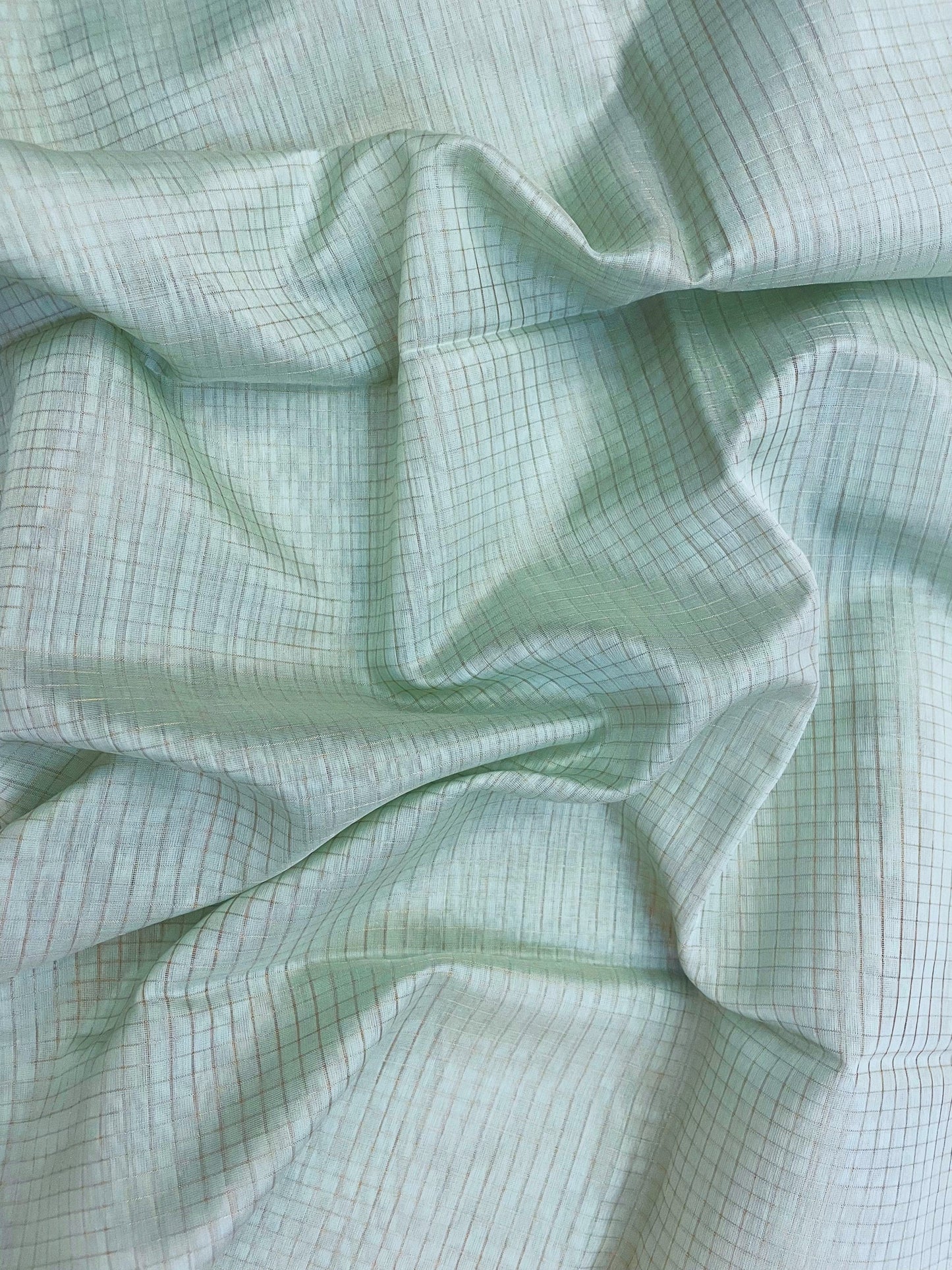 Light Pista Green Maheshwari Pure Silk Handloom Saree with Metal Zari Checks
