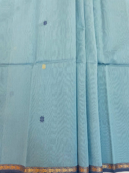 Light Teal Maheshwari Pure Silk Handloom Saree with Metal Zari