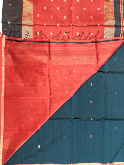 Bottle Green Maheshwari Pure Silk Handloom Saree with Metal Zari