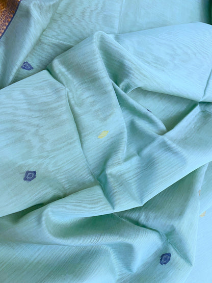 Light Teal Maheshwari Pure Silk Handloom Saree with Metal Zari