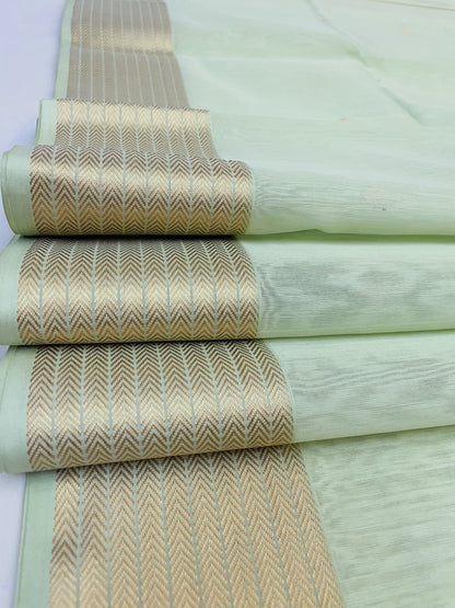 Light Sea Green Maheshwari Pure Silk Handloom Saree with Metal Zari