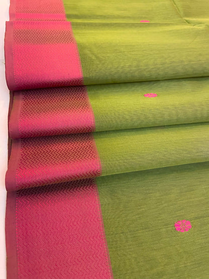 Mehndi Maheshwari Pure Silk Handloom Saree with Thread Zari