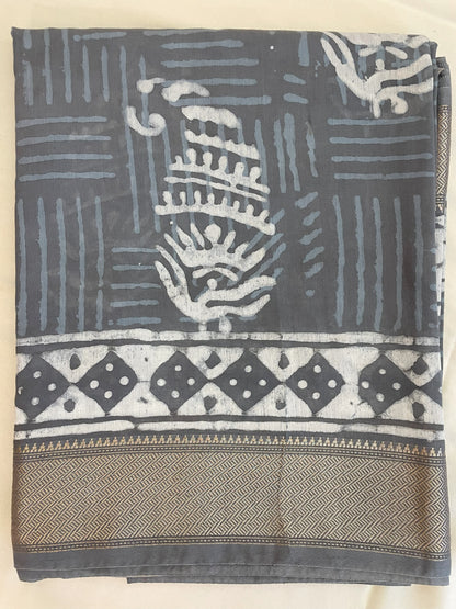 Slate Maheshwari Dabu Block Print Vegan Silk Handloom Saree