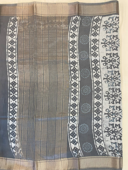 Slate Maheshwari Dabu Block Print Vegan Silk Handloom Saree